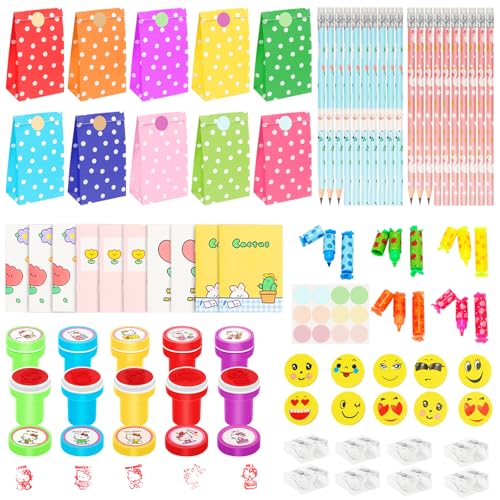 Party Geschenke für Kinder, 78Pcs Bleistift-Schreibset, 20 HB-Bleistifte, 10 Notizbücher, 10 Papiertüte, 10 Bonbonstifte, 10 Stempel, 10 Smiley-Radiergummis, 8 Doppelspitzer, Geschenk für Mädchen von VEUWOLM