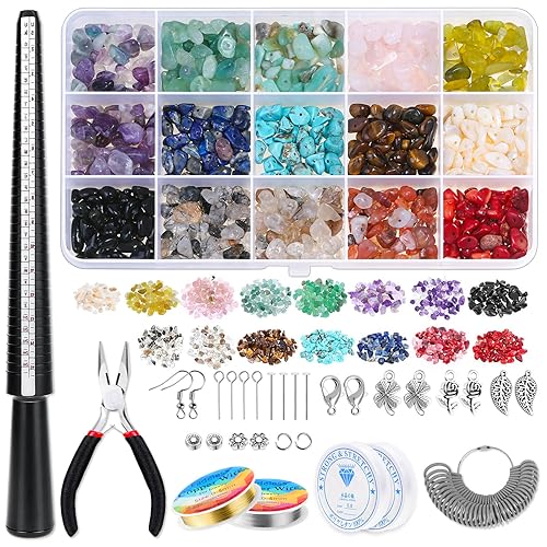 VEVOQIM Ringe Selber Machen Set, Schmuck Selber Machen Set, Ohrringe Selber Machen Set Natürlicher Edelsteine set,Kristallperlen Schmuck Basteln Bastelset Kit für DIY Schmuck Armband (15 Farbe) von VEVOQIM