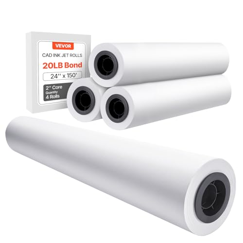 VEVOR Großformatpapier Plotterpapier 45,7 m x 609,6 mm 4 Rollen CAD-Bond-Rollen mit 50,8 mm Kern, Zeichenrollen für CAD-Zeichnungen, technische Pläne, GIS-Karten und Architekturentwürfe von VEVOR