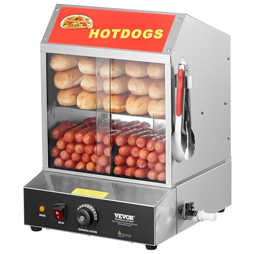 VEVOR Hot Dog Dampfgarer, 27 L, 2-stufiger Hot Dog Hütten-Dampfgarer, elektrischer Brötchenwärmer mit Schiebetüren aus gehärtetem Glas, Trennplattenzange, Edelstahl, für Hot Dogs & Brötchen von VEVOR