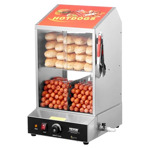 VEVOR Hot Dog Dampfgarer, 37 L, 2-stufiger Hot Dog Hütten-Dampfgarer, elektrischer Brötchenwärmer mit Schiebetüren aus gehärtetem Glas, Trennplattenzange, Edelstahl, für Hot Dogs & Brötchen von VEVOR