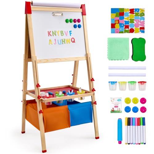 VEVOR Kunststaffelei für Kinder, 3-in-1-Kunststaffelei aus Holz, doppelseitig, mit magnetischem Whiteboard, Kreidetafel, Papierrolle, verstellbarem Zeichenbrett mit Malzubehör, für Kinder ab 3 Jahren von VEVOR