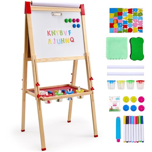 VEVOR Kunststaffelei für Kinder, 3-in-1-Kunststaffelei aus Holz, mit magnetischem Whiteboard, Kreidetafel und Papierrolle, verstellbares stehendes Zeichenbrett mit Malzubehör für Kinder ab 3 Jahren von VEVOR