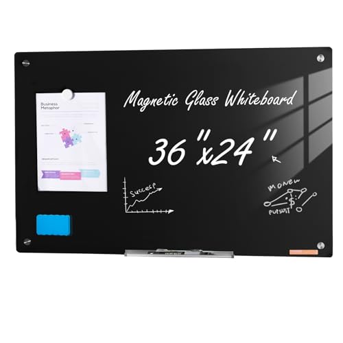 VEVOR Magnetisches Glas-Whiteboard, Trocken Abwischbare Tafel 90 x 60 cm, Wandmontiertes Großes Weißes Glasboard ohne Rahmen, mit Stiftablage, einem Radiergummi& 2 Stiften, Magnettafel Schwarz von VEVOR