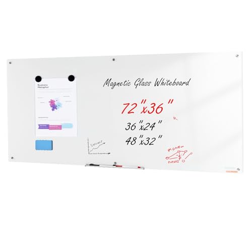 VEVOR Magnetisches Glas-Whiteboard, Wandtafel Trocken Abwischbare Tafel 1829 x 915 cm, Wandmontiertes Weißes Glasboard ohne Rahmen, mit Stiftablage, einem Radiergummi& 2 Stiften, Magnettafel Weiß von VEVOR
