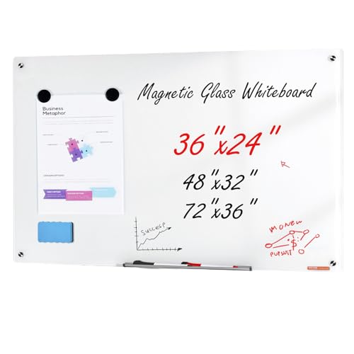 VEVOR Magnetisches Glas-Whiteboard, Wandtafel Trocken Abwischbare Tafel 90 x 60 cm, Wandmontiertes Weißes Glasboard ohne Rahmen, mit Stiftablage, einem Radiergummi& 2 Stiften, Magnettafel Weiß von VEVOR