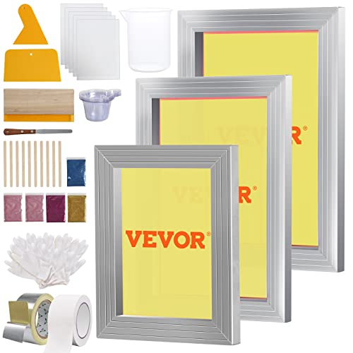 VEVOR Siebdruck Kit, 3 STK. Aluminium Siebdruck Rahmen 6x10/8x12/10x14 Zoll 110 Mesh, 5 Glitter & Siebdruck Rakel & Folien für T-Shirts, DIY Druck usw. von VEVOR