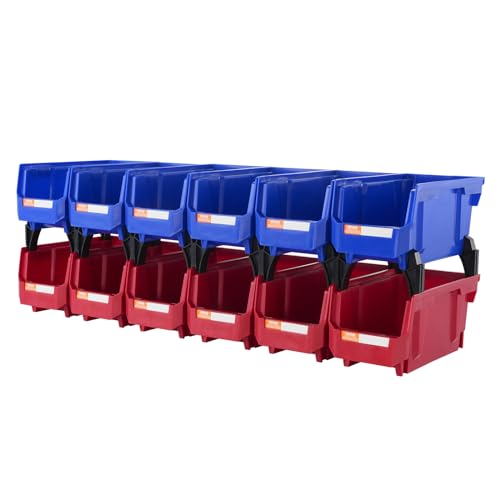 VEVOR Stapelboxen 12er-Set Sichtlagerboxen Blau/Rot (6 Behälter pro Farbe) Sichtlagerkästen PP Lagerboxen 276x139x128mm Schüttenregal Schraubenregal Sortierboxen Werkstatt Wandregal Büro Schule Garage von VEVOR