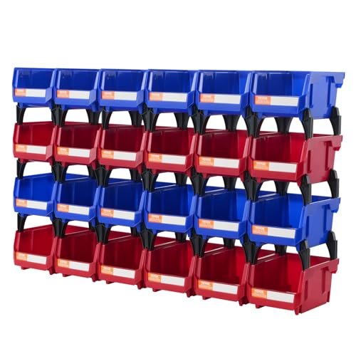 VEVOR Stapelboxen 24er-Set Sichtlagerboxen Blau/Rot (12 Behälter pro Farbe) Sichtlagerkästen PP Lagerboxen 137x105x78mm Schüttenregal Schraubenregal Sortierboxen Werkstatt Wandregal Büro Schule Garage von VEVOR