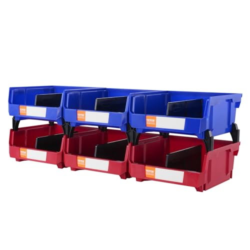 VEVOR Stapelboxen 6er-Set Sichtlagerboxen Blau/Rot (3 Behälter pro Farbe) Sichtlagerkästen PP Lagerboxen 137x105x78mm Schüttenregal Schraubenregal Sortierboxen Werkstatt Wandregal Büro Schule Garage von VEVOR