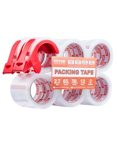 VEVOR Transparentes Packband, 76,2 mm Kern, 12er-Set 47,8 mm x 59,436 m Paketklebeband mit Spender, 0,068 mm Hochleistungs-Klebeband, ideal für Umzüge, Lagerung & Verpackung, Versand & Postversand von VEVOR