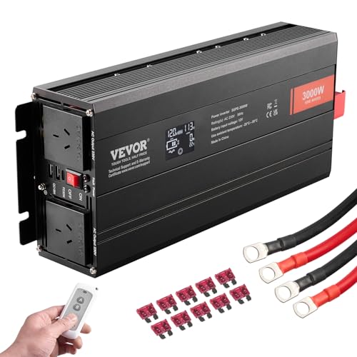 VEVOR Wechselrichter mit Reiner Sinuswelle 3000W DC12V AC 230 V Spannungswandler 2 AC-Steckdosen 2 USB-Anschlüssen 1 Typ-C-Anschluss LCD-Display und Fernbedienung für große Haushaltsgeräte von VEVOR