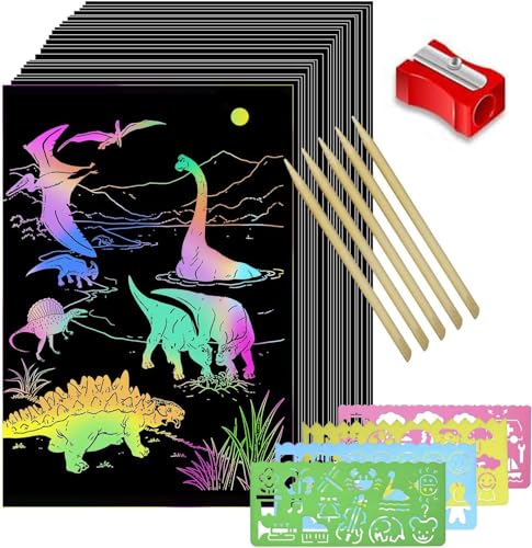 Kratzbilder Set für Kinder, Kratzpapier Set, 50 Große Blätter Regenbogen Kratzpapier zum Zeichnen und Basteln | mit Schablonen, Holzstiften und Stickern von VEghee