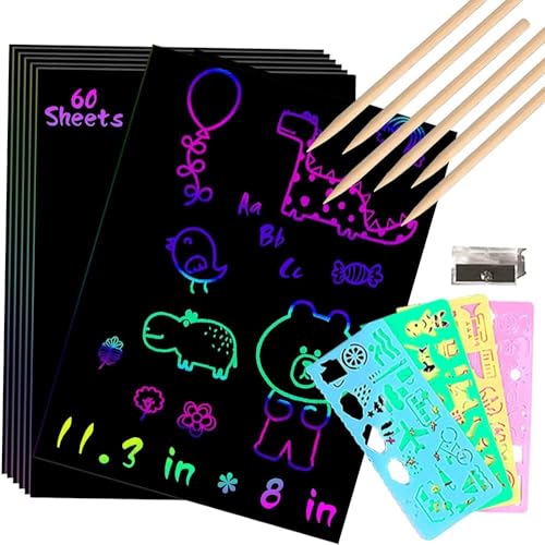 Scratch Art für Kinder, 50 Blatt Rainbow Scratch Paper Arts für Kinder Scratch Art Notes mit 4 Zeichenschablonenlinealen und 5 Holzstiften und 1 Anspitzer von VEghee