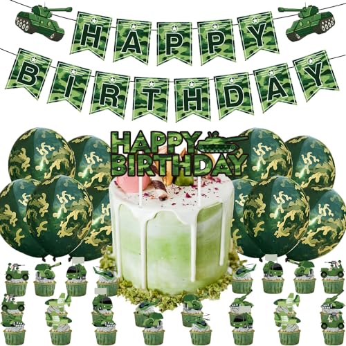 VEghee Camouflage Geburtstagsfeier Dekorationen, 36 Stück Grüne Camo Alles Gute zum Geburtstag Banner Hängende Strudel Cupcake Toppers für Jungen Mädchen Erwachsene von VEghee