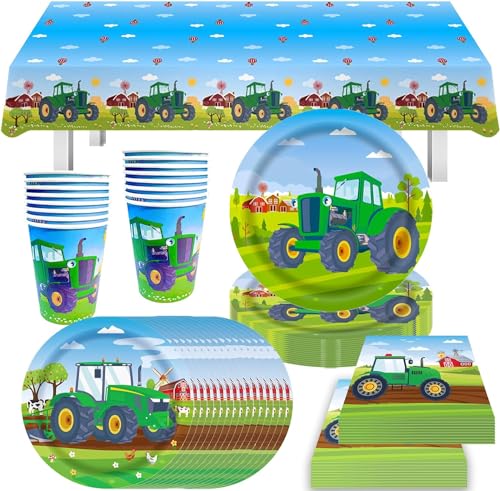 VEghee Tractor Party Tableware, 51 Pieces Kids Birthday Party Set, Birthday Paper Cup, Paper Plate, Napkins 10 Guests Birthday Party Decoration von VEghee