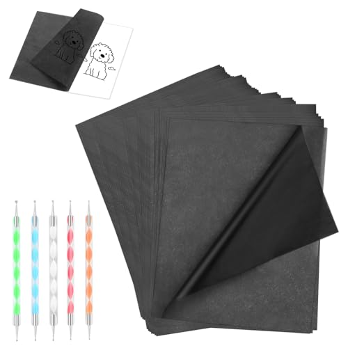 VFANDV 150pcs Blatt Pauspapier A4, Kohlepapier Schwarz Durchschlagpapier mit 5 Stück Prgestift Set A4 Abpauspapier Transferpapier Graphitpapier Pauspapier für Holz Papier Leinwand Tattoo von VFANDV