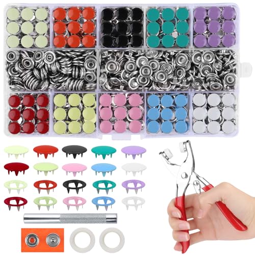 VFANDV 240 Sets Druckknöpfe, Druckknopf Set mit Zange 9,5mm Jersey Druckknöpfe 10 Farben Hohle und Solide Metallknöpfe Nähzubehör für DIY Basteln Baby Kinder Kinderbekleidung Kleidung Taschen von VFANDV