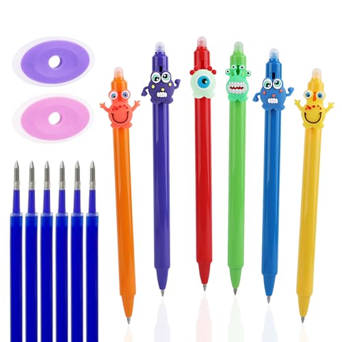 VFANDV 6 Stück Radierbare Kugelschreiber, 0.5mm Cartoon Löschbarer Stift mit 6 Minen und 2 Radiergummis Kawaii Tintenroller Radierbar Kugelschreiber Radierbarer Set für Studenten Schule Bürobedarf von VFANDV