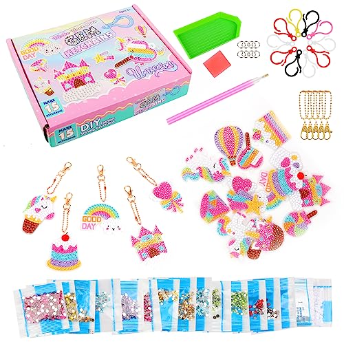 VFANDV Diamond Painting Kinder, 15 Stück Diamond Painting Children's Set DIY Diamond Painting Kinder Mädchen 5D Diamond Painting Key Einhorn Geschenke für Mädchen Geschenk 5-12 Jahre von VFANDV