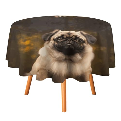 VFKLT Runde Tischdecke, Mops, bedruckt, Polyester, maschinenwaschbar, dekorative Tischdecken, Outdoor-Tischdecke für Terrasse, Party, Halloween, 127 x 127 cm von VFKLT