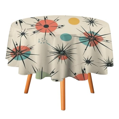 VFKLT Runde Tischdecke, Motiv: Atomsterne, Retro-Muster, bedruckte Polyester-Tischdecke, maschinenwaschbar, dekorative Tischdecken, Outdoor-Tischdecke für Terrasse, Party, Halloween, 127 x 127 cm von VFKLT