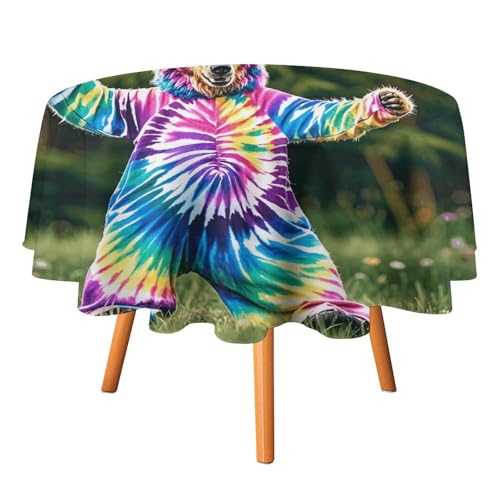 VFKLT Runde Tischdecke, Motiv: Bär tanzend, Batik-Druck, Polyester-Tischdecke, maschinenwaschbar, dekorative Tischdecken, Outdoor-Tischdecke für Terrasse, Party, Halloween, 127 x 127 cm von VFKLT