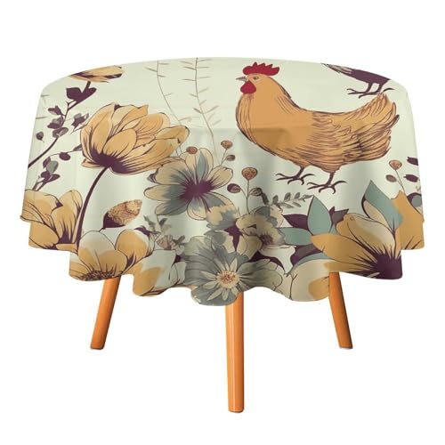 VFKLT Runde Tischdecke, Motiv: Henne fliegende Schmetterlinge unter Blumen, bedruckte Polyester-Tischdecke, maschinenwaschbar, dekorative Tischdecken, Outdoor-Tischdecke für Terrasse, Party, von VFKLT