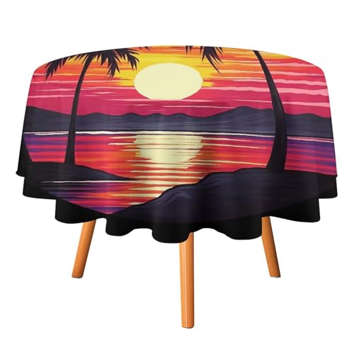 VFKLT Runde Tischdecke, Palmen-Sonnenuntergang-Design, bedruckte Polyester-Tischdecke, maschinenwaschbar, dekorative Tischdecken, Outdoor-Tischdecke für Terrasse, Party, Halloween, 127 x 127 cm von VFKLT