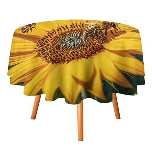 VFKLT Runde Tischdecke, Sonnenblumen-Bienen, bedruckt, Polyester, maschinenwaschbar, dekorative Tischdecken, Outdoor-Tischdecke für Terrasse, Party, Halloween, 127 x 127 cm von VFKLT