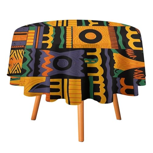 VFKLT Runde Tischdecke, afrikanisches ethnisches Muster, bedruckte Polyester-Tischdecke, maschinenwaschbar, dekorative Tischdecken, Outdoor-Tischdecke für Terrasse, Party, Halloween, 178 x 178 cm von VFKLT