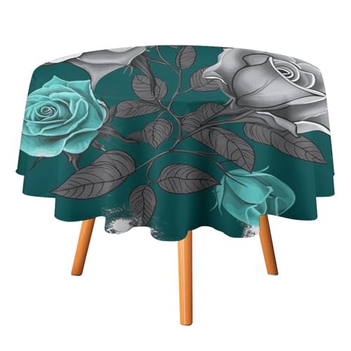 VFKLT Runde Tischdecke, blaugrün-graue Rose, bedruckte Polyester-Tischdecke, maschinenwaschbar, dekorative Tischdecken, Outdoor-Tischdecke für Terrasse, Party, Halloween, 178 x 178 cm von VFKLT