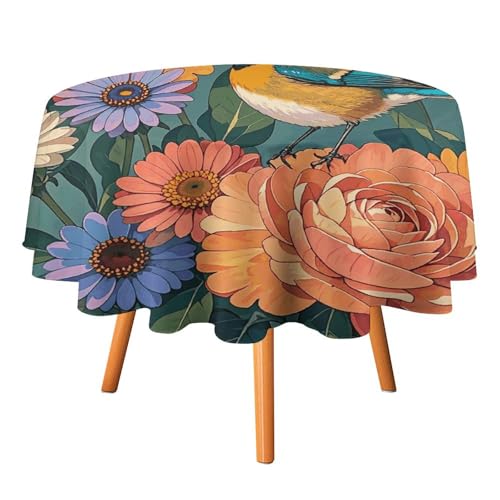 VFKLT Runde Tischdecke, bunte Blumen und Vögel, bedruckte Polyester-Tischdecke, maschinenwaschbar, dekorative Tischdecken, Outdoor-Tischdecke für Terrasse, Party, Halloween, 127 x 127 cm von VFKLT