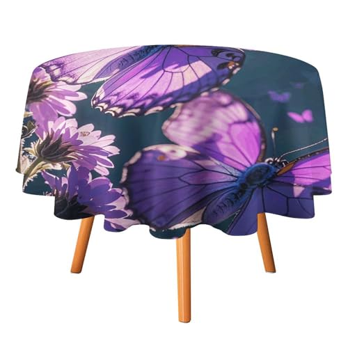 VFKLT Runde Tischdecke, schöne violette Schmetterlinge, bedruckte Polyester-Tischdecke, maschinenwaschbar, dekorative Tischdecken, Outdoor-Tischdecke für Terrasse, Party, Halloween, 178 x 178 cm von VFKLT