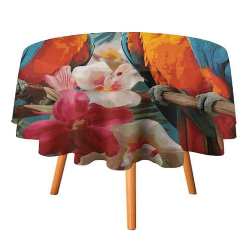 VFKLT Runde Tischdecke, tropische Pflanzen und Papageien, bedruckte Polyester-Tischdecke, maschinenwaschbar, dekorative Tischdecken, Outdoor-Tischdecke für Terrasse, Party, Halloween, 127 x 127 cm von VFKLT