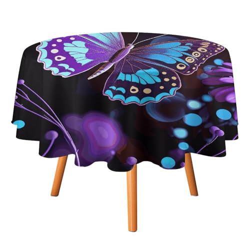 VFKLT Runde Tischdecke, violette Schmetterlinge und Blumen, bedruckte Polyester-Tischdecke, maschinenwaschbar, dekorative Tischdecken, Outdoor-Tischdecke für Terrasse, Party, Halloween, 127 x 127 cm von VFKLT