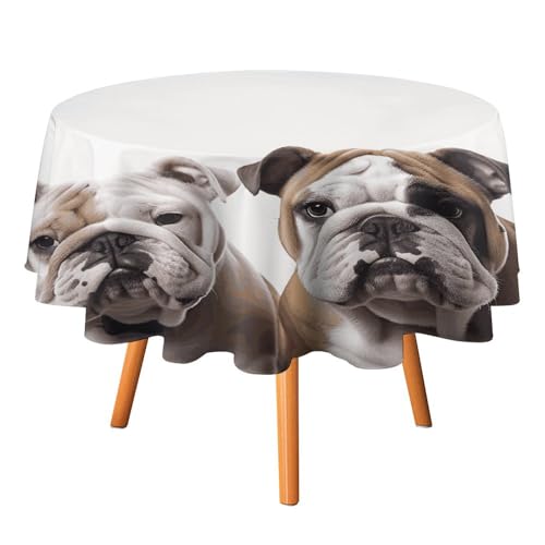 VFKLT Runde Tischdecke, zwei niedliche Bulldoggen, bedruckte Polyester-Tischdecke, maschinenwaschbar, dekorative Tischdecken, Outdoor-Tischdecke für Terrasse, Party, Halloween, 127 x 127 cm von VFKLT