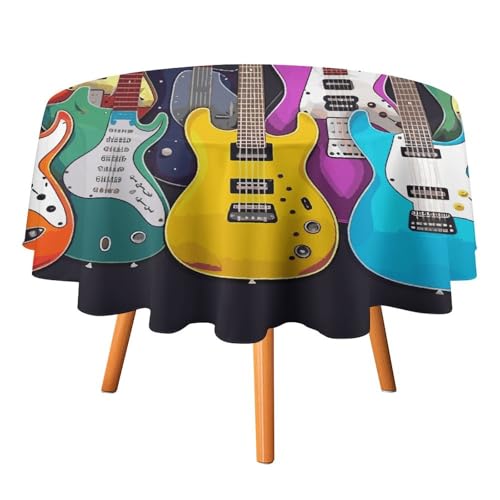 VFMKT Bunte Gitarren, runde Tischdecke, 152,4 x 152,4 cm, wasserdicht, knitterfrei, schmutzabweisend, waschbar, Tischdecke für Picknick, Party, Esszimmer, Heimdekoration von VFMKT