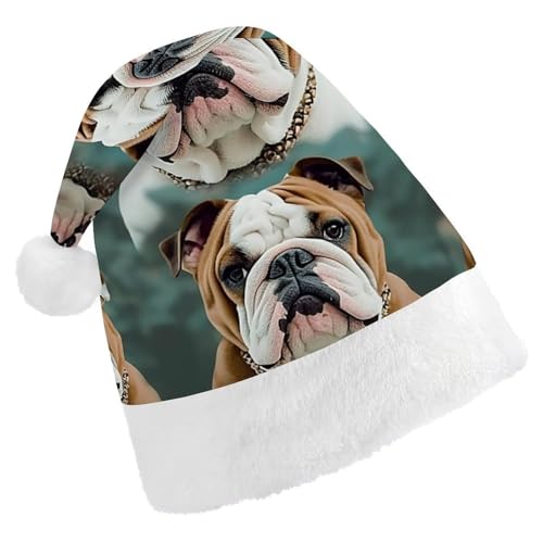 VFMKT Lustige Weihnachtsmütze mit englischer Bulldogge, bequem, Plüsch, Weihnachtsmannmütze, extra dick, für Erwachsene, Damen, Herren, Weihnachten, Neujahr, Party, Kopfbedeckung von VFMKT