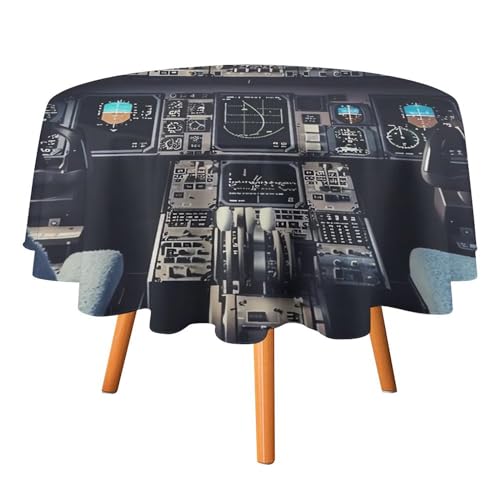 VFMKT Runde Tischdecke im Flugzeug-Cockpit, 91,4 x 91,4 cm, wasserdicht, knitterfrei, schmutzabweisend, waschbar, Tischdecke für Picknick, Party, Esszimmer, Heimdekoration von VFMKT