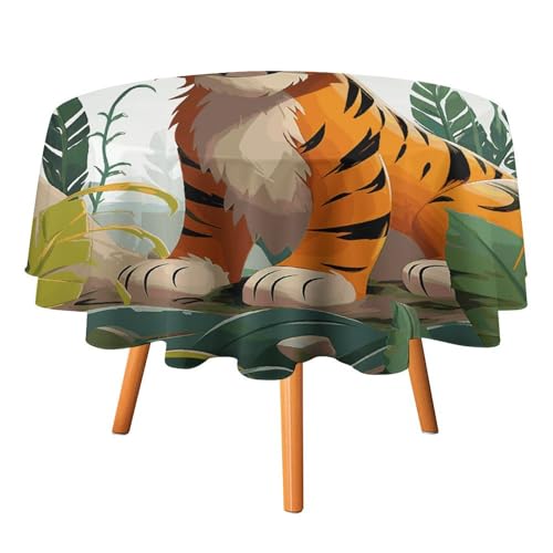 VFMKT Runde Tischdecke mit Cartoon-Tigermotiv, 178 x 177,8 cm, wasserdicht, knitterfrei, schmutzabweisend, waschbar, Tischdecke für Picknick, Party, Esszimmer, Heimdekoration von VFMKT