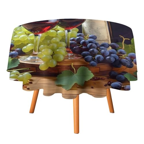 VFMKT Runde Tischdecke mit Rotwein-Galssen und Trauben, 127 x 127 cm, wasserdicht, knitterfrei, schmutzabweisend, waschbar, Tischdecke für Picknick, Party, Esszimmer, Heimdekoration von VFMKT