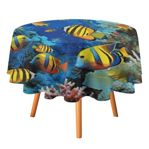 VFMKT The Underwater World Runde Tischdecke mit tropischen Fischen, 178 x 177,8 cm, wasserdicht, knitterfrei, schmutzabweisend, waschbar, Tischdecke für Picknick, Party, Esszimmer, Heimdekoration von VFMKT