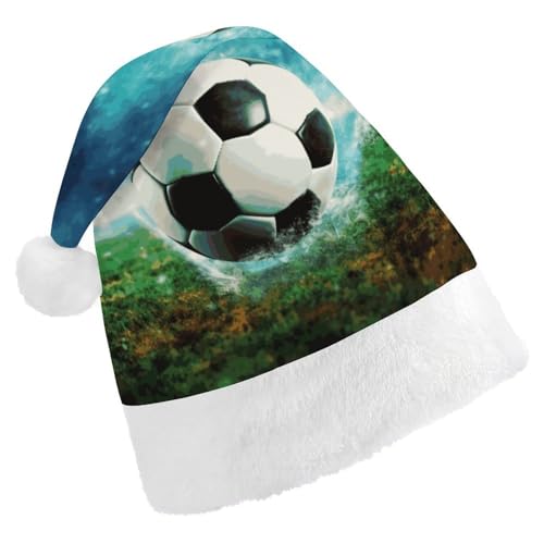 VFMKT Weihnachtsmütze mit Fußball-Hintergrund, bequem, Plüsch, Weihnachtsmannmütze, extra dick, für Erwachsene, Damen, Herren, Weihnachten, Neujahr, Party, Kopfbedeckung von VFMKT