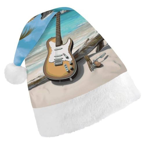 VFMKT Weihnachtsmütze mit Gitarre am Strand, bequem, Plüsch, Weihnachtsmannmütze, extra dick, für Erwachsene, Damen, Herren, Weihnachten, Neujahr, Party, Kopfbedeckung von VFMKT