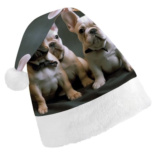 VFMKT Weihnachtsmütze mit französischer Bulldogge, bequem, Plüsch, Weihnachtsmannmütze, extra dick, für Erwachsene, Damen, Herren, Weihnachten, Neujahr, Party, Kopfbedeckung von VFMKT