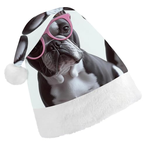 VFMKT Weihnachtsmütze mit französischer Bulldogge mit Brille, bequem, Plüsch, Weihnachtsmannmütze, extra dick, für Erwachsene, Damen, Herren, Weihnachten, Neujahr, Party, Kopfbedeckung von VFMKT