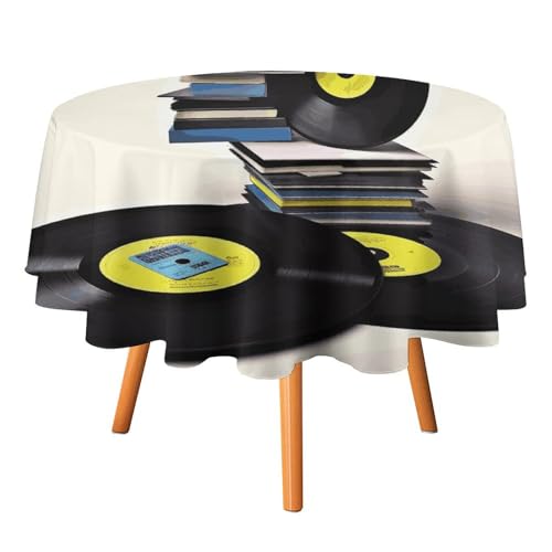 Vinyl-Schallplatten und Klebebänder, rund, 91,4 x 91,4 cm, wasserdicht, knitterfrei, schmutzabweisend, waschbar, Tischdecke für Picknick, Party, Esszimmer, Heimdekoration von VFMKT