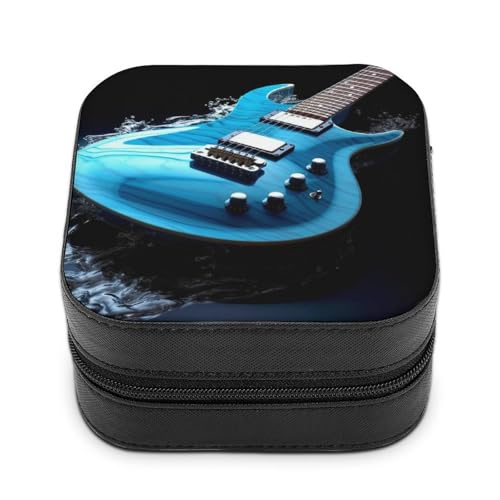 VFMNT Blaue Gitarren-Schmuckschatulle mit Reißverschluss, tragbares PU-Leder-Schmuckkästchen, Reise-Schmuckkästchen, Organizer, Aufbewahrungsbox für Ringe, Ohrringe, Halsketten, Geschenke von VFMNT