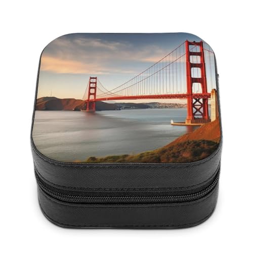 VFMNT Golden Gate Bridge Schmuckschatulle mit Reißverschluss, tragbar, PU-Leder, Reise-Schmuckkästchen, Organizer, Aufbewahrungsbox für Ringe, Ohrringe, Halsketten, Geschenke von VFMNT